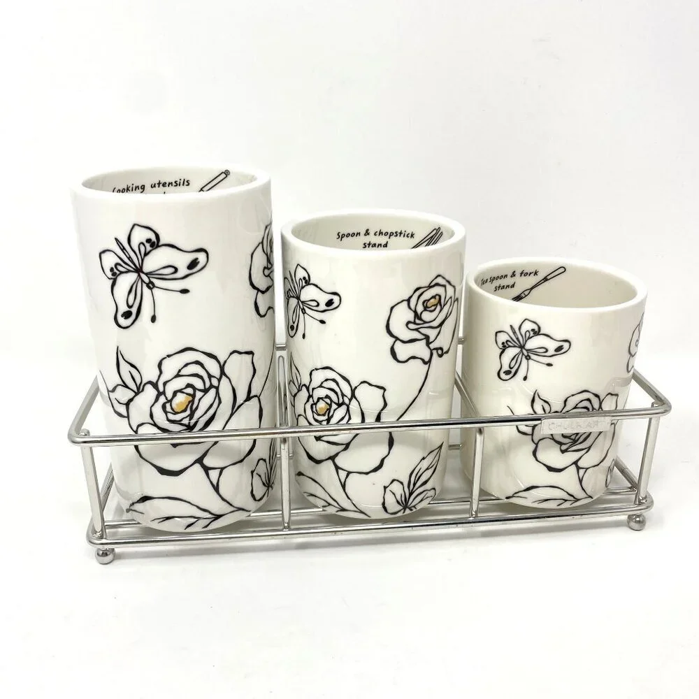 Chulkart Minceramics Korean Made Set of 3 Utensil Holders Silver Carryall NWT